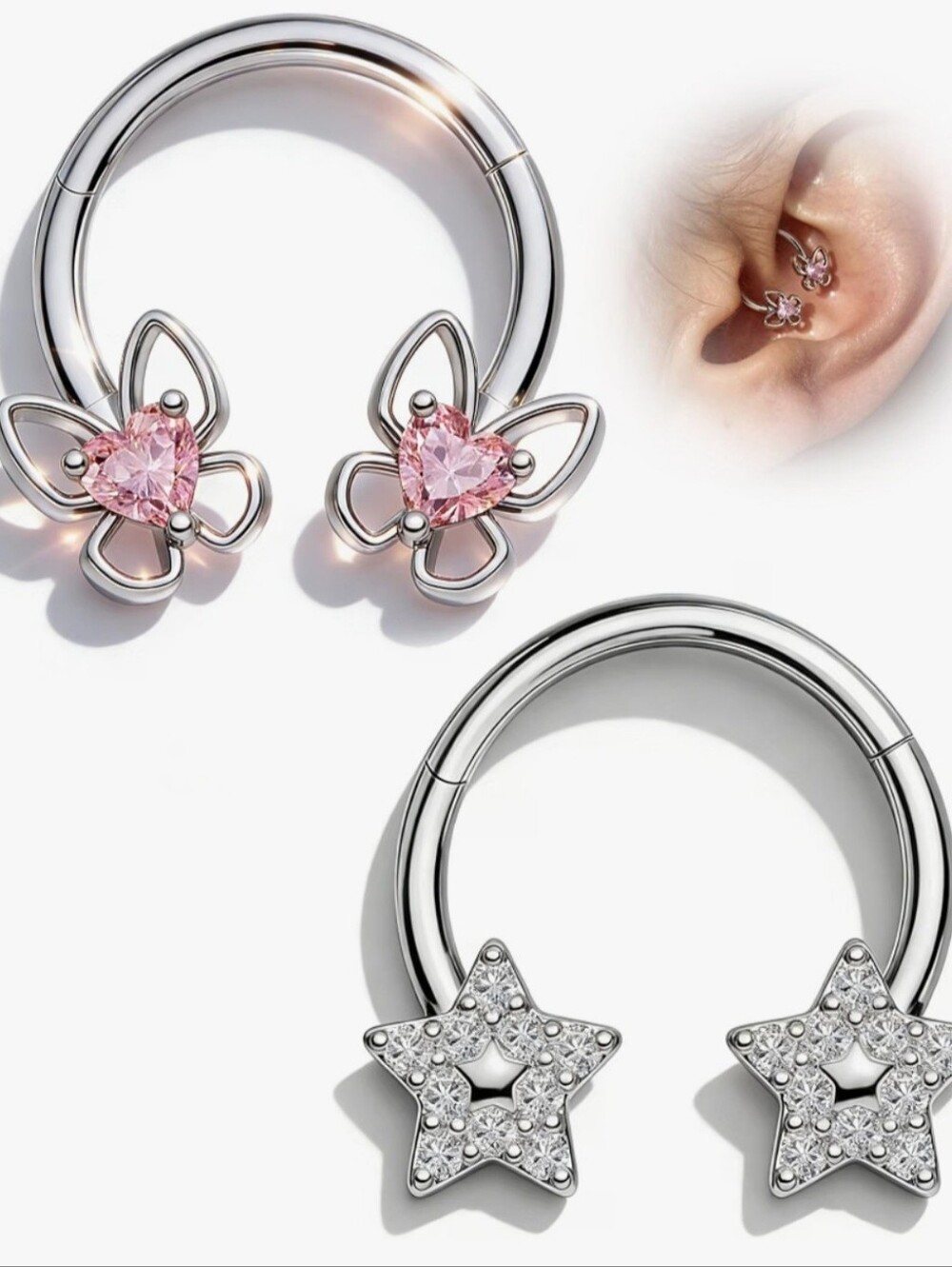 2-pack 16g Septum rings - stars, butterflies - cz, stainless steel, sealed/new